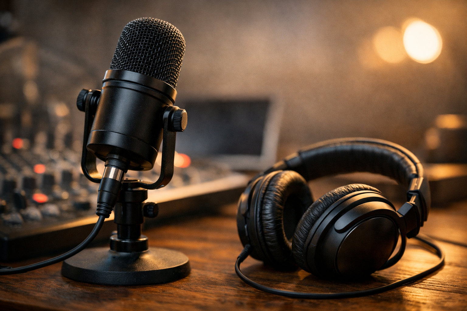 Podcast Mic and Headphones in Studio Setup
