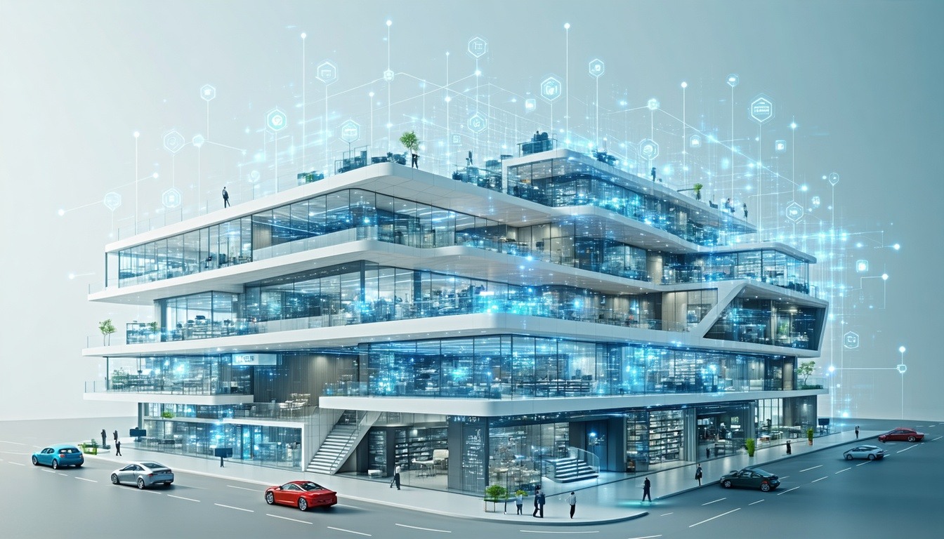 An image of a modern office building with various
